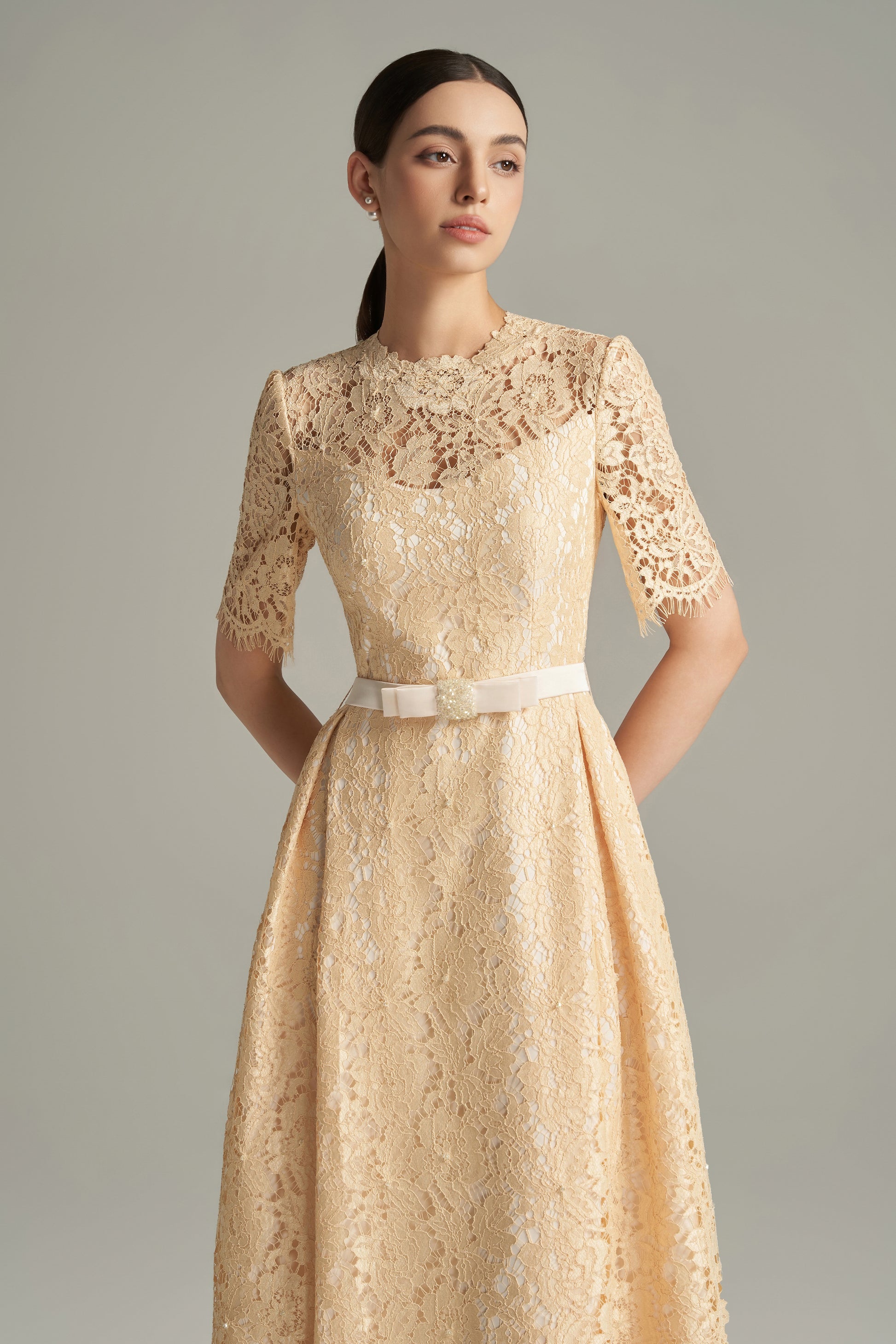 Women's Eloise A-line Round Neck Lace Calf Length Dress S/M/L/XL/Customize Cream Beige MEAN BLVD Women's Eloise A-line Round Neck Lace Calf Length Dress S/M/L/XL/Customize Cream Beige MEAN BLVD