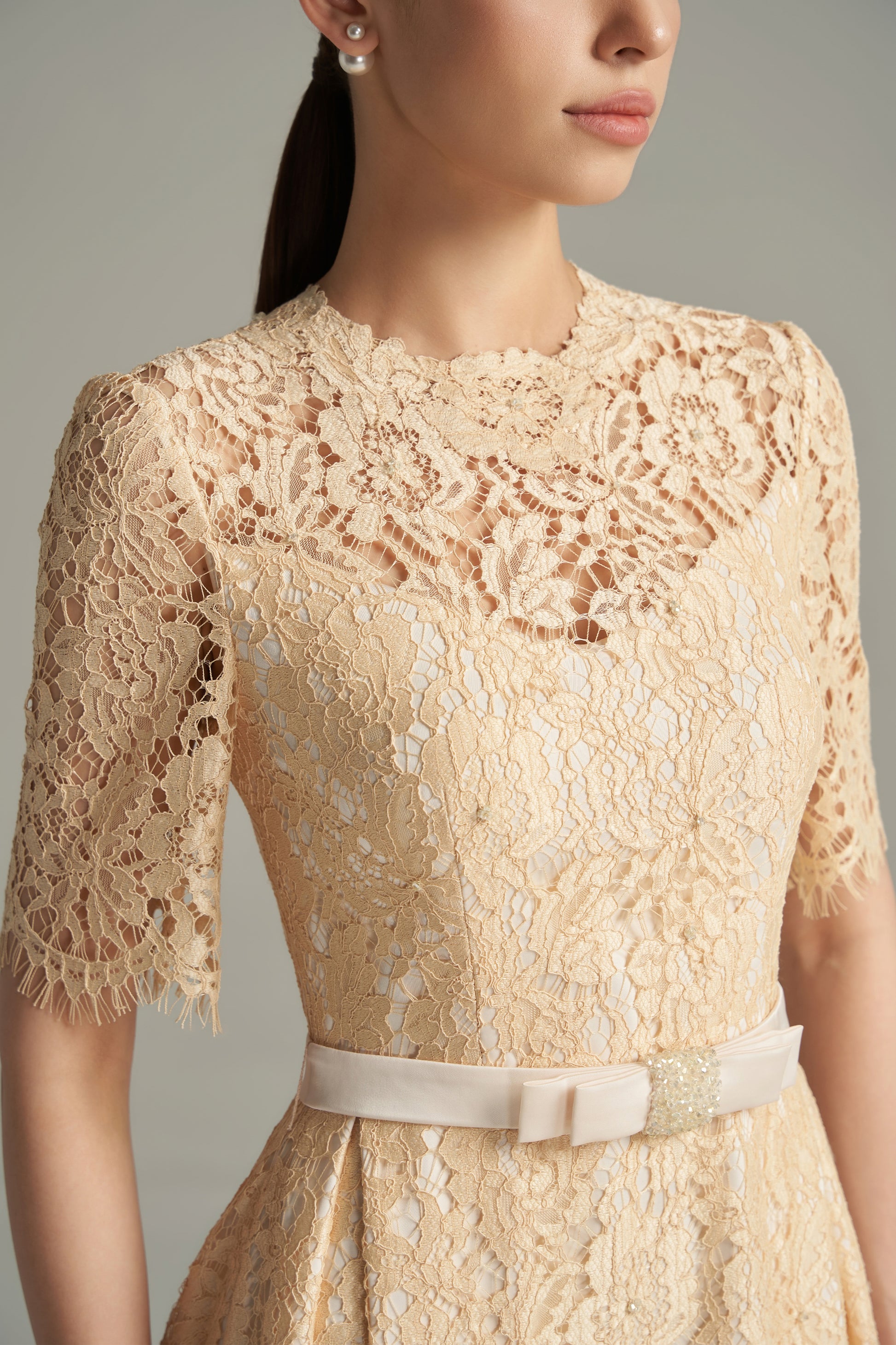 Women's Eloise A-line Round Neck Lace Calf Length Dress S/M/L/XL/Customize Cream Beige MEAN BLVD Women's Eloise A-line Round Neck Lace Calf Length Dress S/M/L/XL/Customize Cream Beige MEAN BLVD
