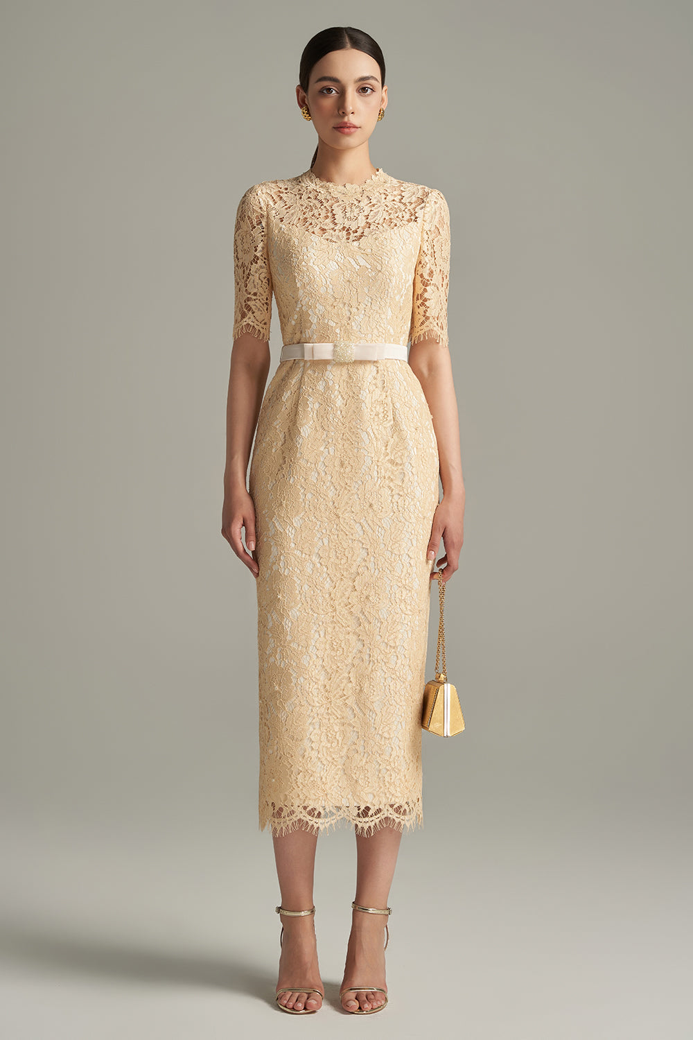 Juniper Pencil Back Slit Lace Calf Length Dress