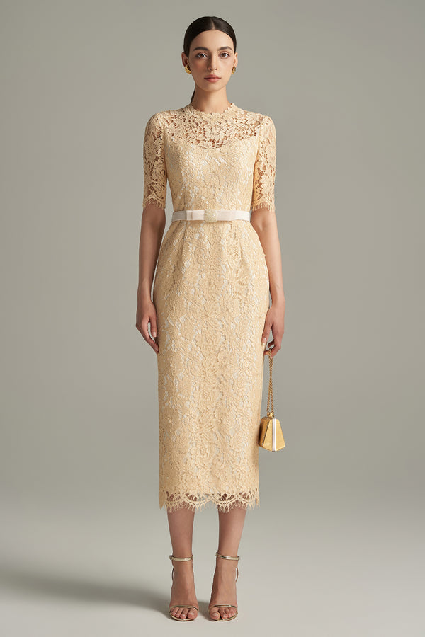 Juniper Pencil Back Slit Lace Calf Length Dress