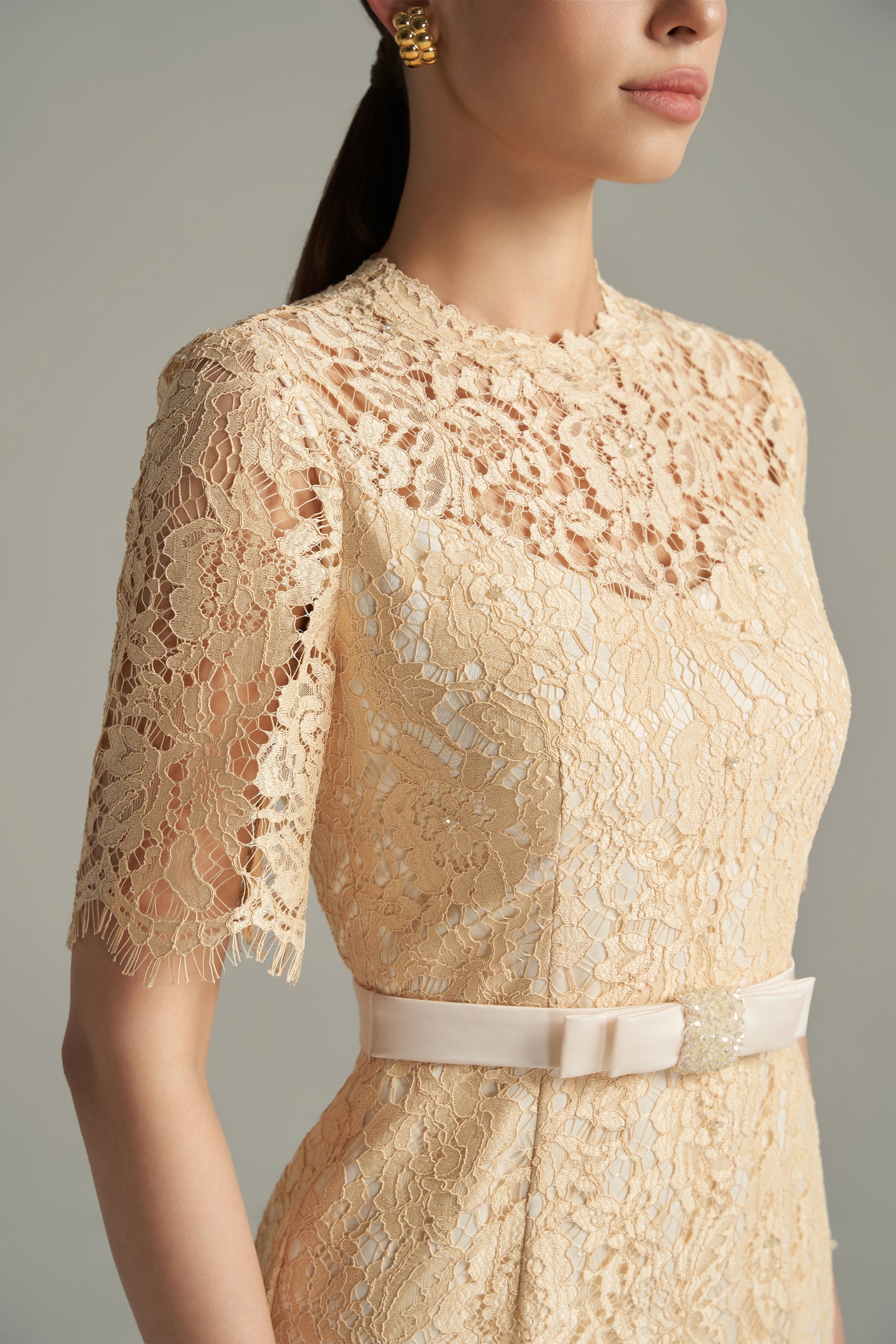 Juniper Pencil Back Slit Lace Calf Length Dress