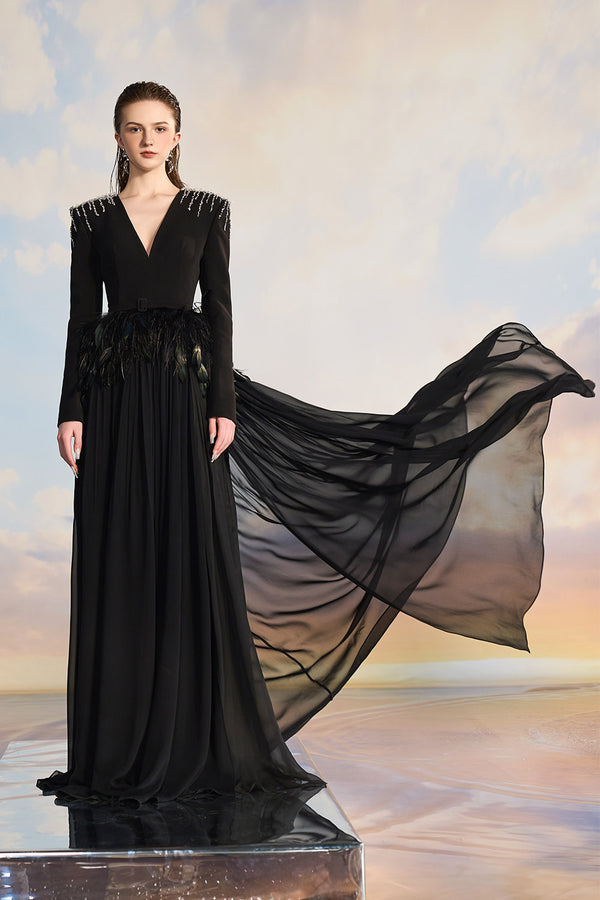 Victoria Gathered Plunge Neck Chiffon Floor Length Dress