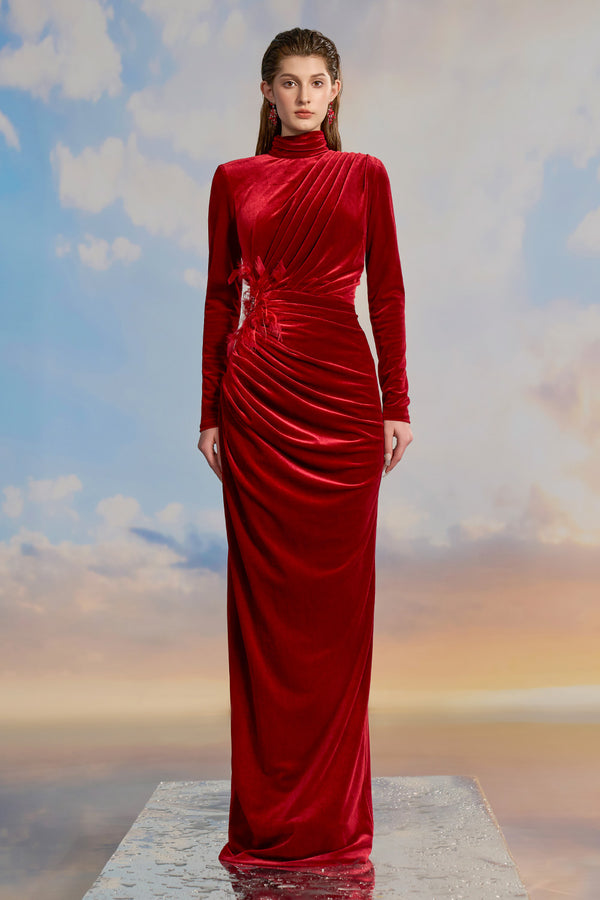 Lilybelle Sheath Turtle Neck Velvet Floor Length Dress