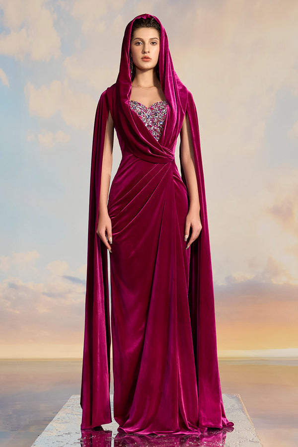 Freya Crossover Hooded Neck Velvet Floor Length Dress