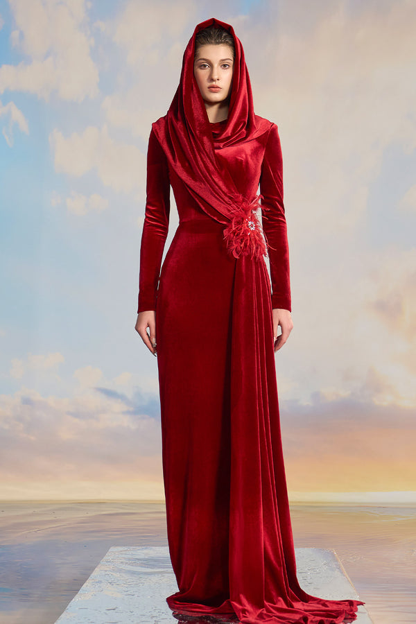 Jazzie Sheath Hooded Neck Velvet Floor Length Dress