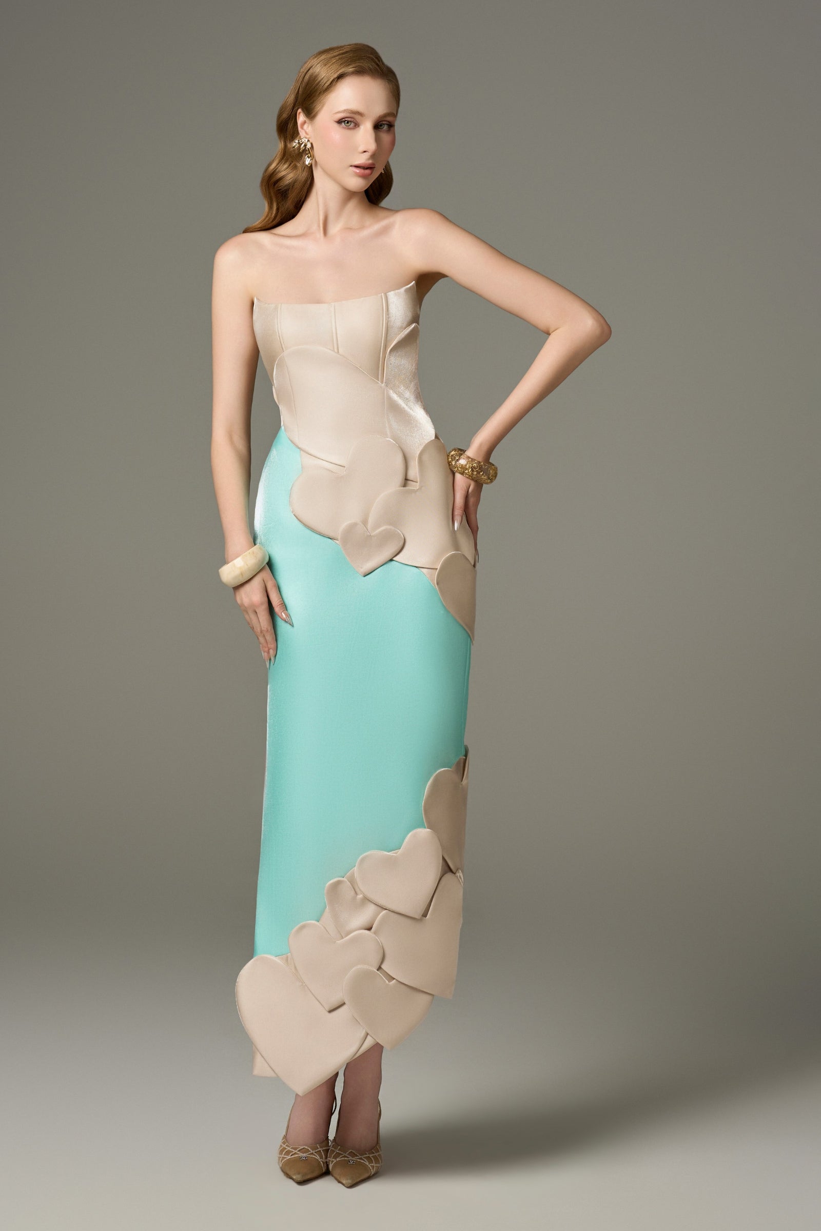 Darling Color Mix Taffeta Asymmetric Heart Detail Maxi Dress