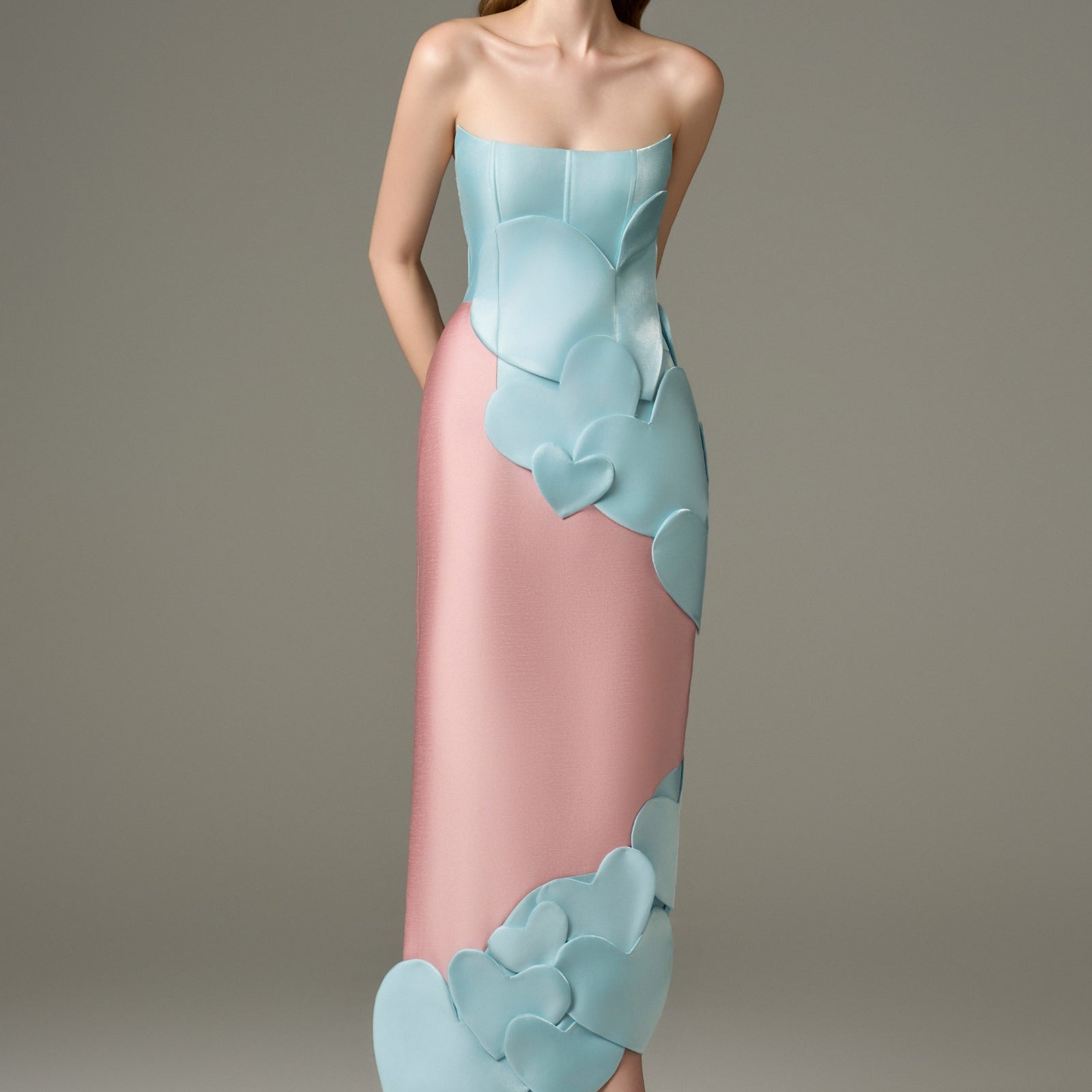 Darling Color Mix Taffeta Asymmetric Heart Detail Maxi Dress by KALISA – Taffeta, Strapless, Straight Across Neck – view 6