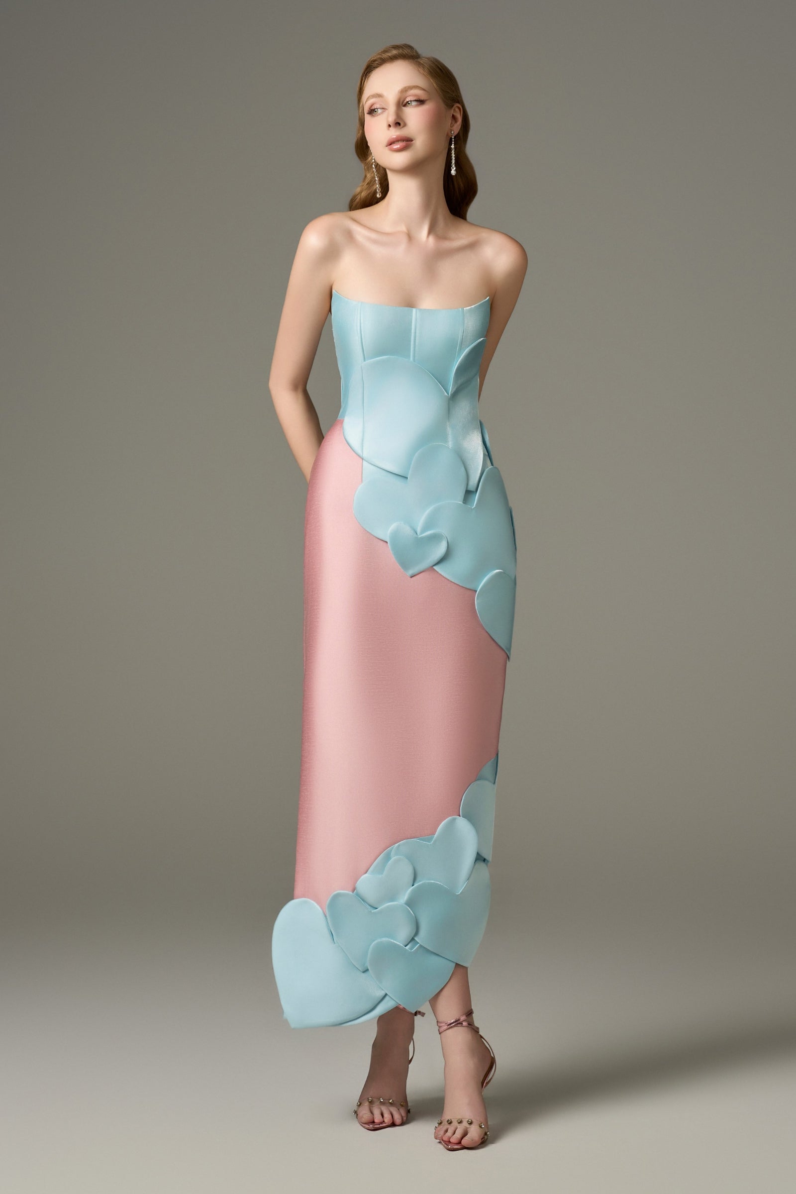 Darling Color Mix Taffeta Asymmetric Heart Detail Maxi Dress
