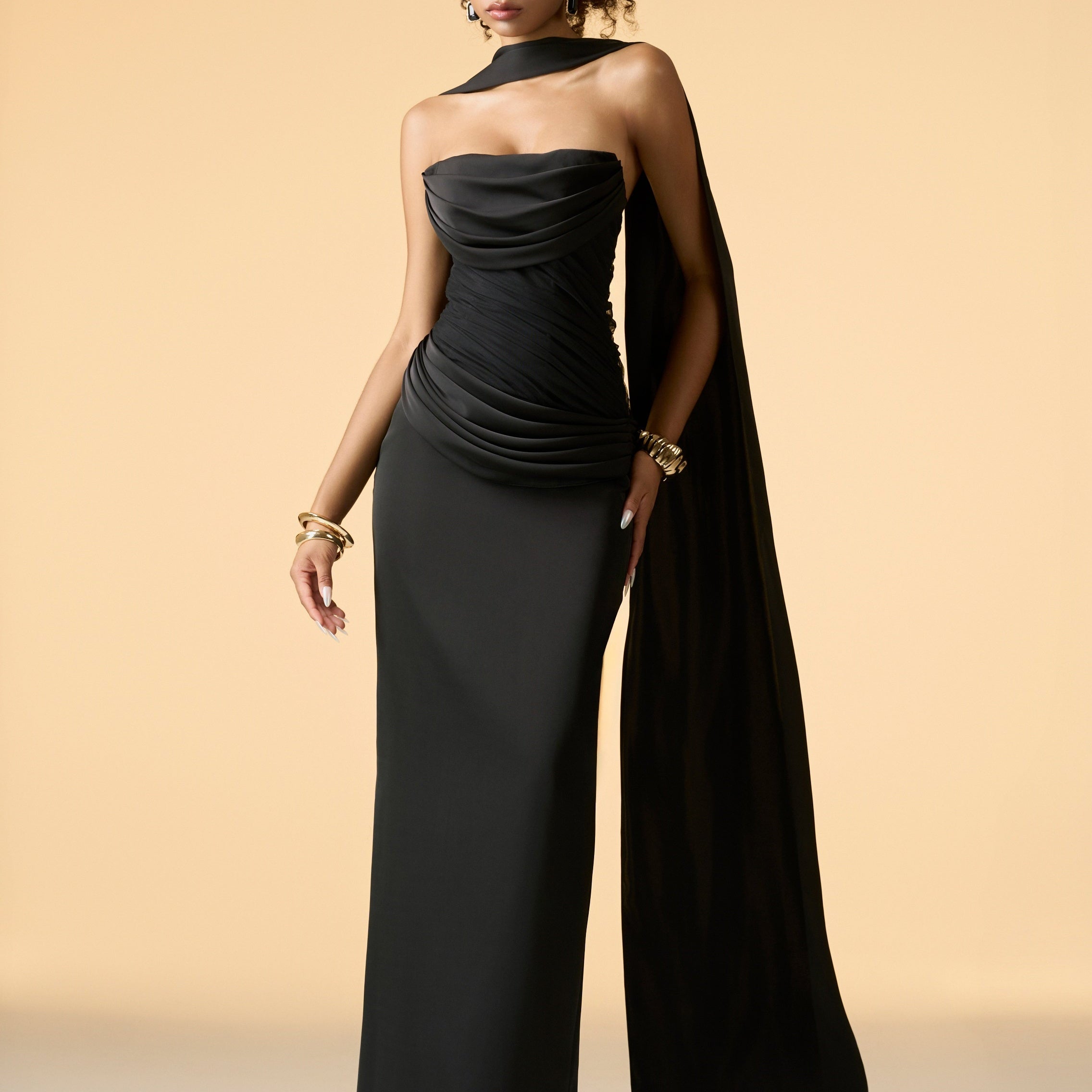 Muse Bandeau Draped Maxi Dress With Neck Scarf