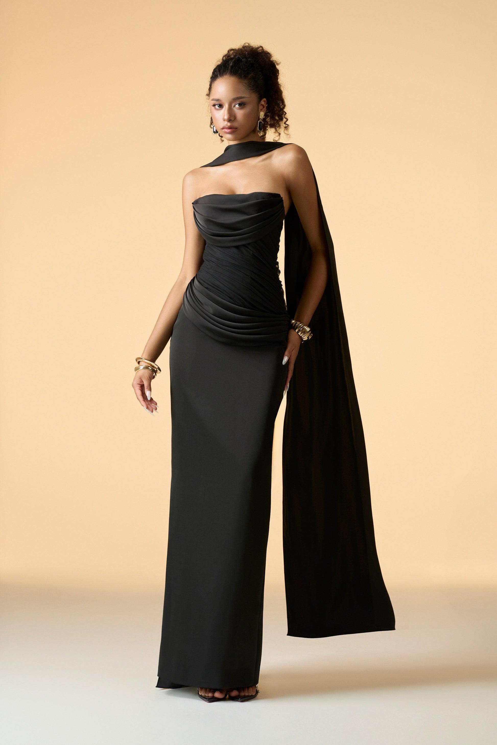 Muse Bandeau Draped Maxi Dress With Neck Scarf