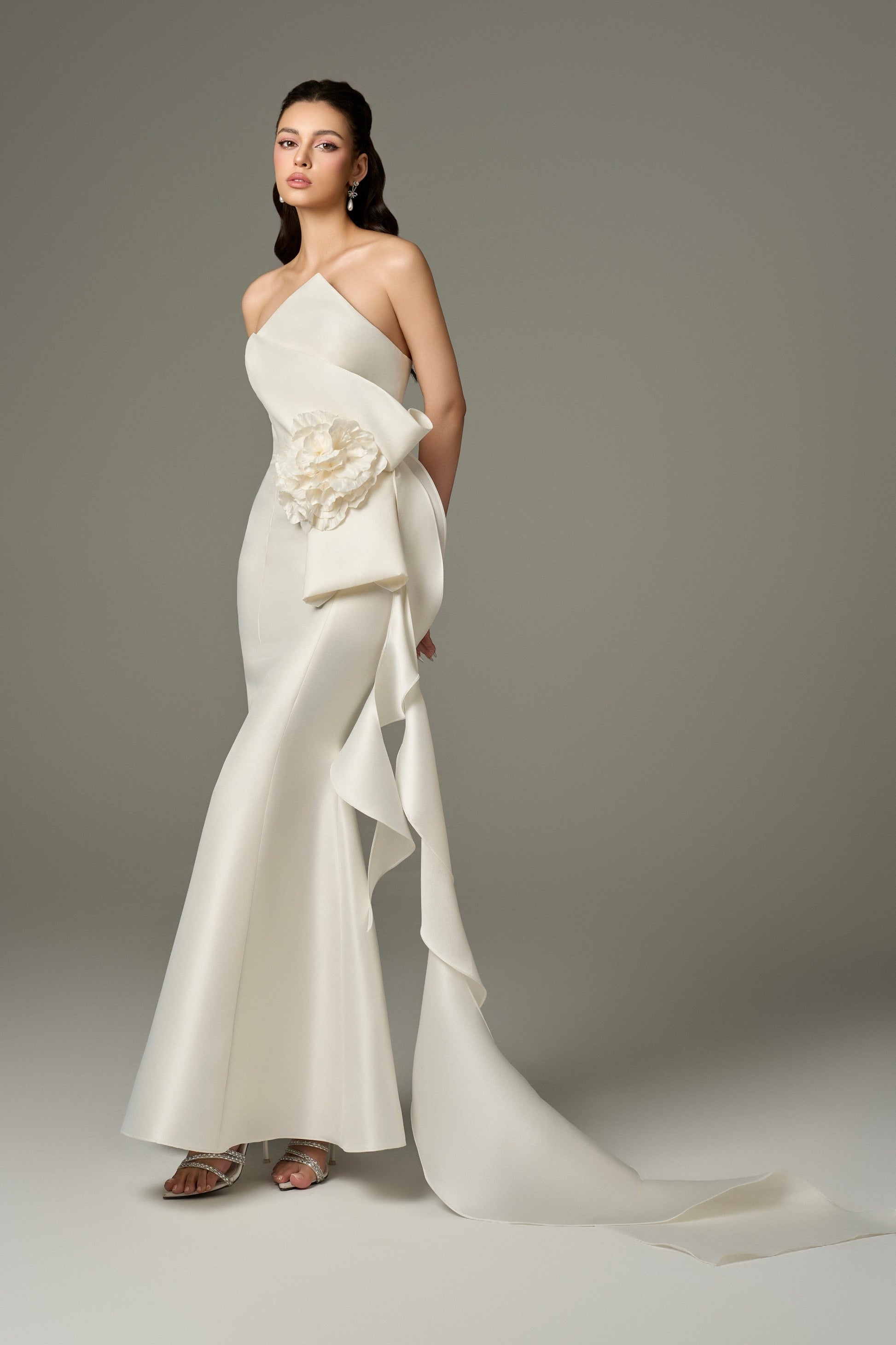 Isabella Acetate Bandeau Fishtail Gown With 3D Large Flower 4