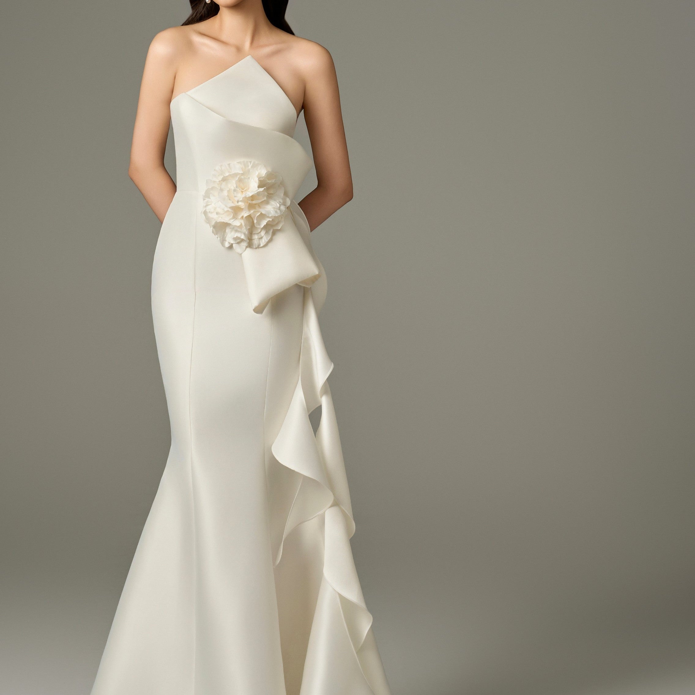 Isabella Acetate Bandeau Fishtail Gown With 3D Large Flower