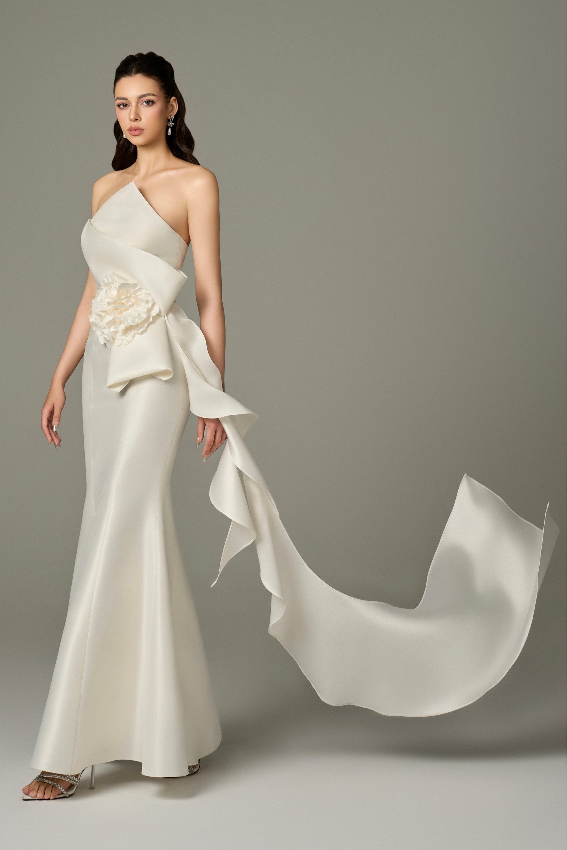 Isabella Acetate Bandeau Fishtail Gown With 3D Large Flower 3