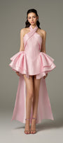 Champagne Halter Neck Flared Hip Cape Mini Dress