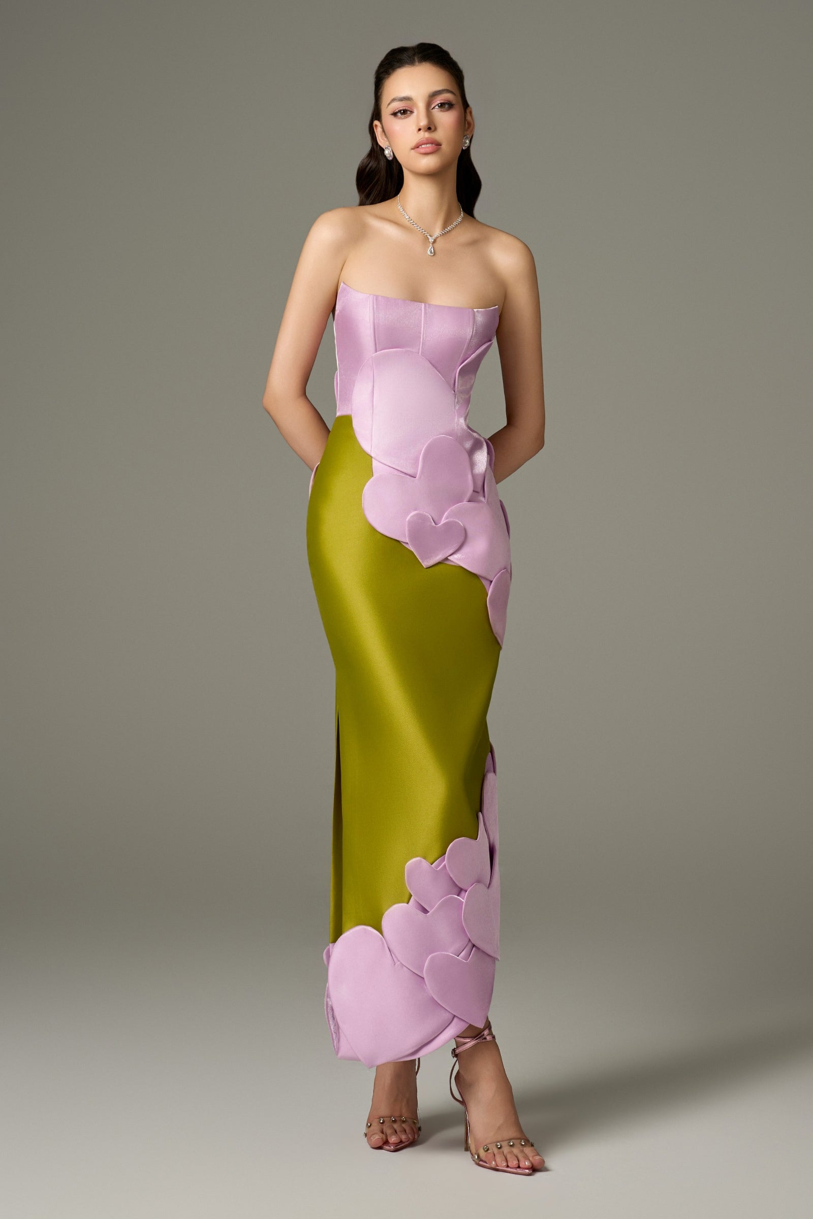 Darling Color Mix Taffeta Asymmetric Heart Detail Maxi Dress