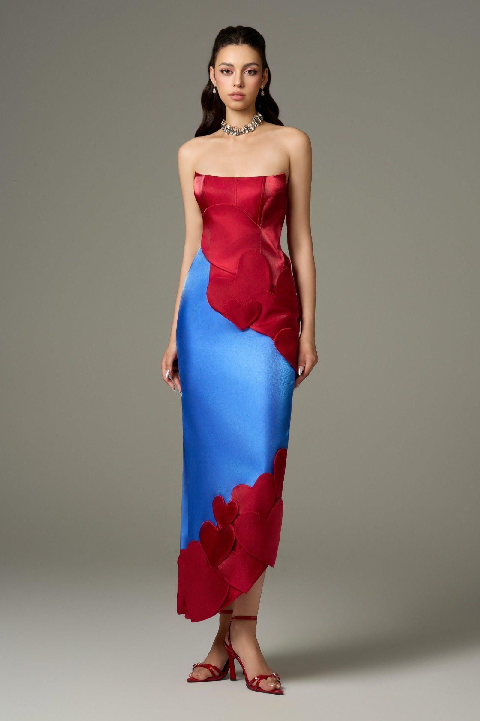 Darling Color Mix Taffeta Asymmetric Heart Detail Maxi Dress