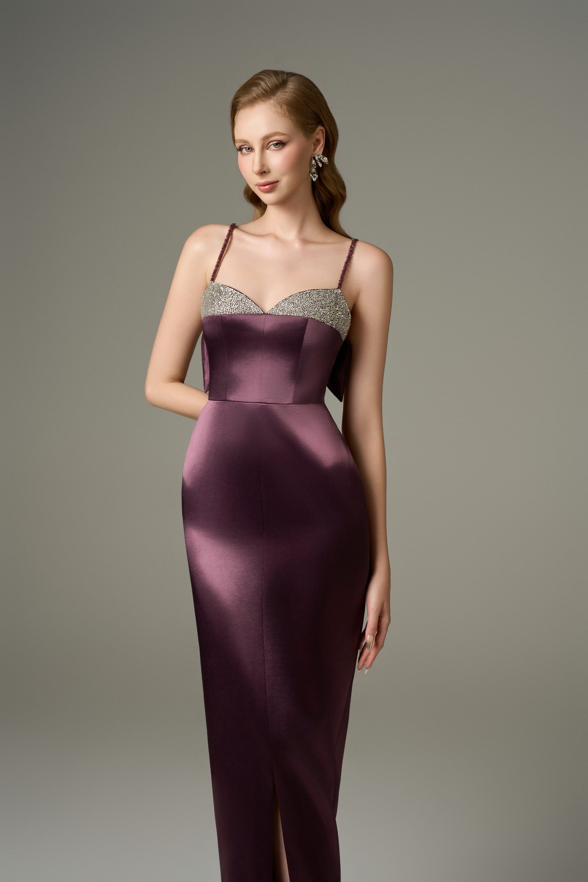 Diana Chest Embellished Bodycon Tencel Silk Maxi Dress Deep Purple / Customize
