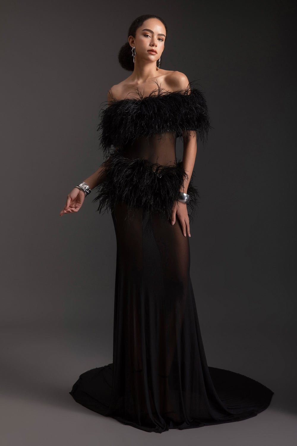 Women's Kassidy Mermaid Feather Maxi Dress Customize Black MEAN BLVD Women's Kassidy Mermaid Feather Maxi Dress Customize Black MEAN BLVD