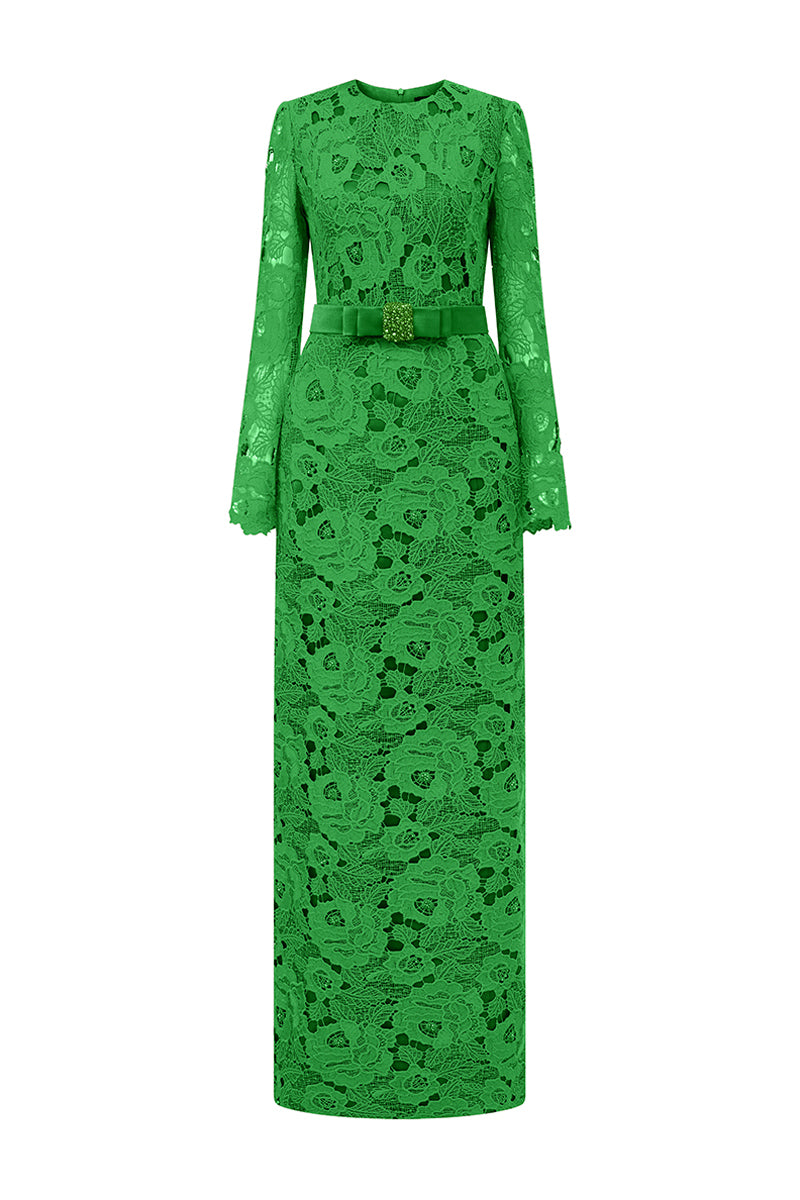 lace long sleeve maxi dress formal Lavinia Long Sleeve Lace Maxi Dress With Silk Oversized Bow Accent  kalisa