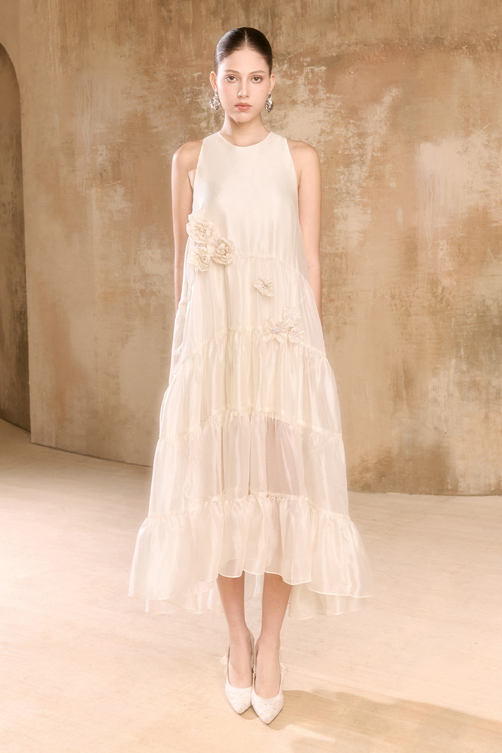 midi ruffled high low dress custom size Women's Kristie Applique Light Beige S/M/L/XL/XXL/Customize MEAN BLVD Color:Fuchsia/Orange Pleated Bust With Decorative vt::All Wedding::Occasion::Black Tie White Off-The-Shoulder Maxi Dress