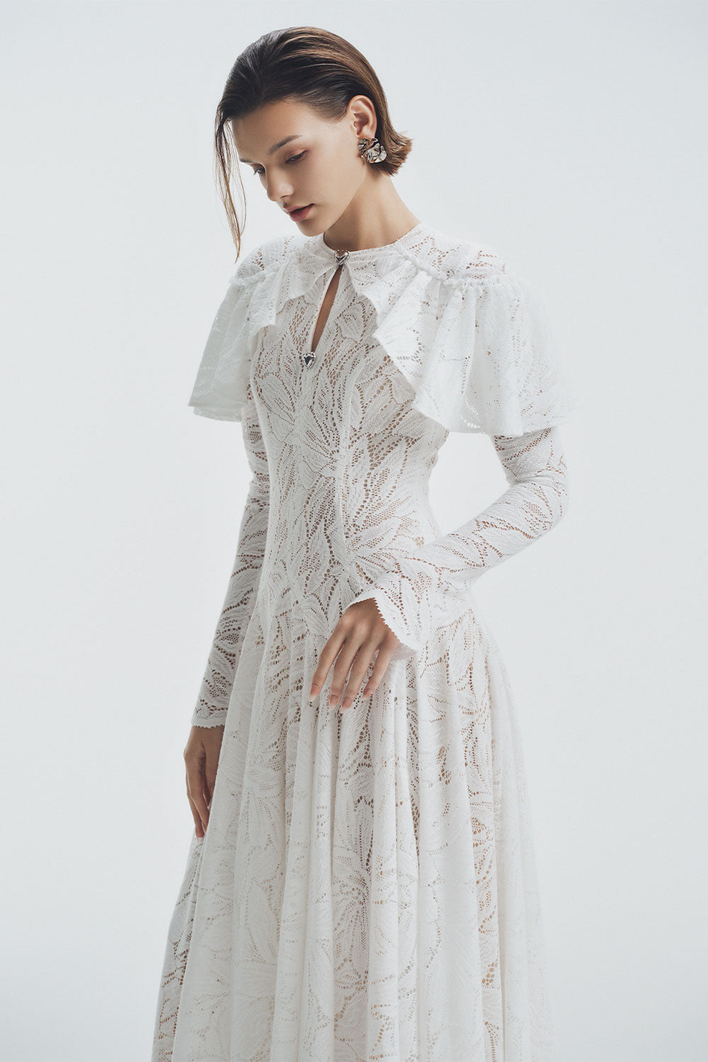 Lavina A-line Ruffle Sleeved Lace Ankle Length Dress