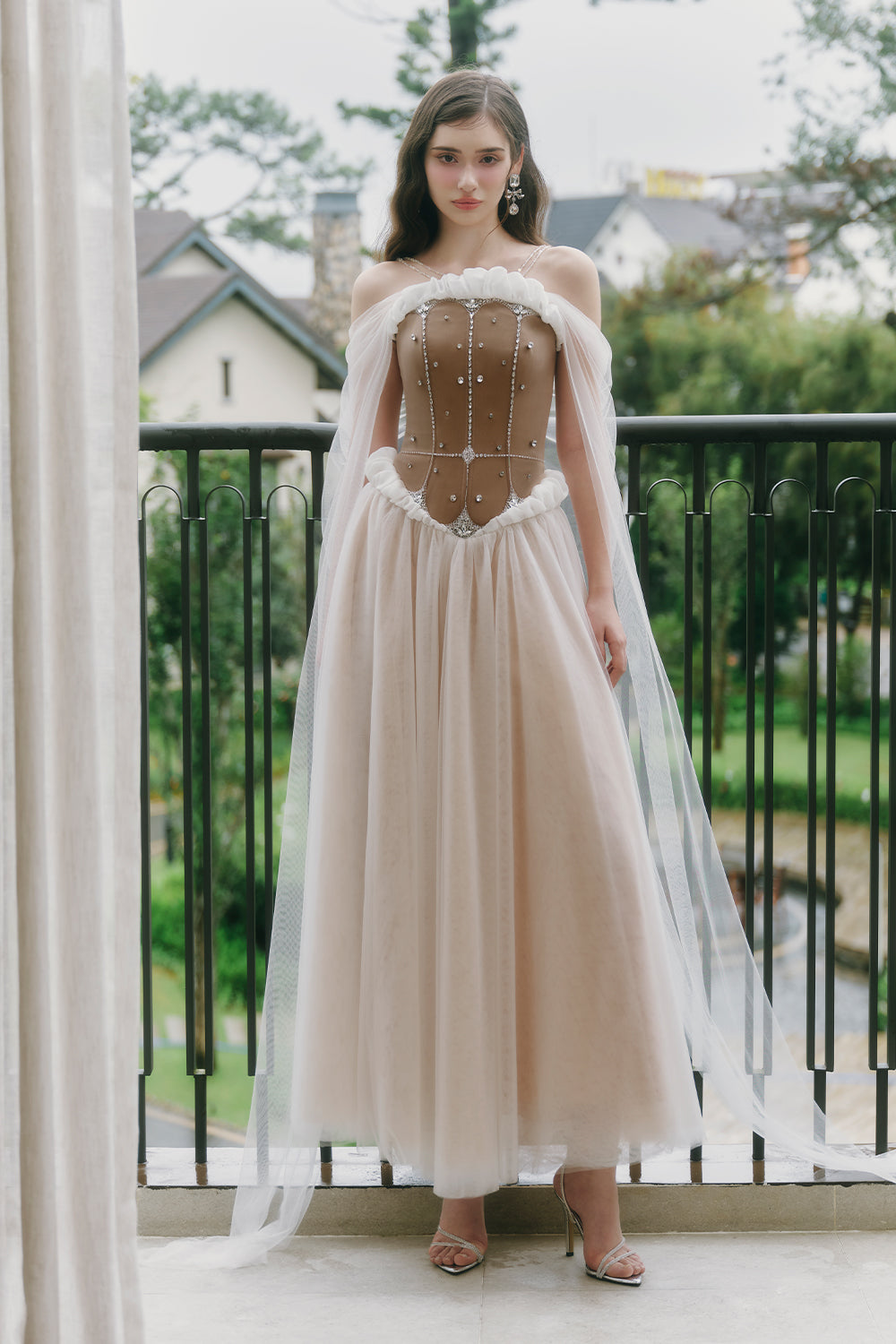 Luminous A-line Cape Sleeved Tulle Ankle Length Dress