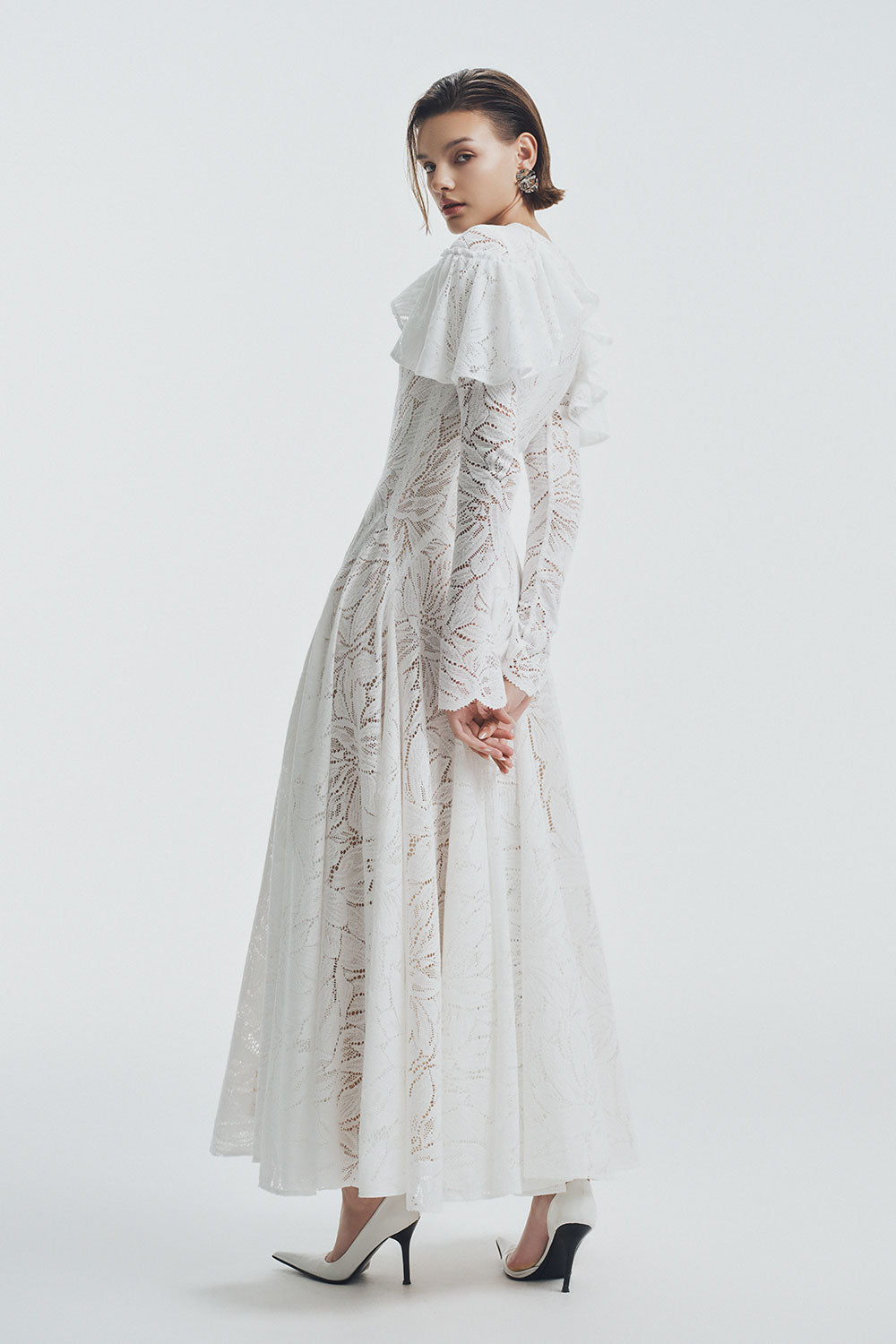 Lavina A-line Ruffle Sleeved Lace Ankle Length Dress