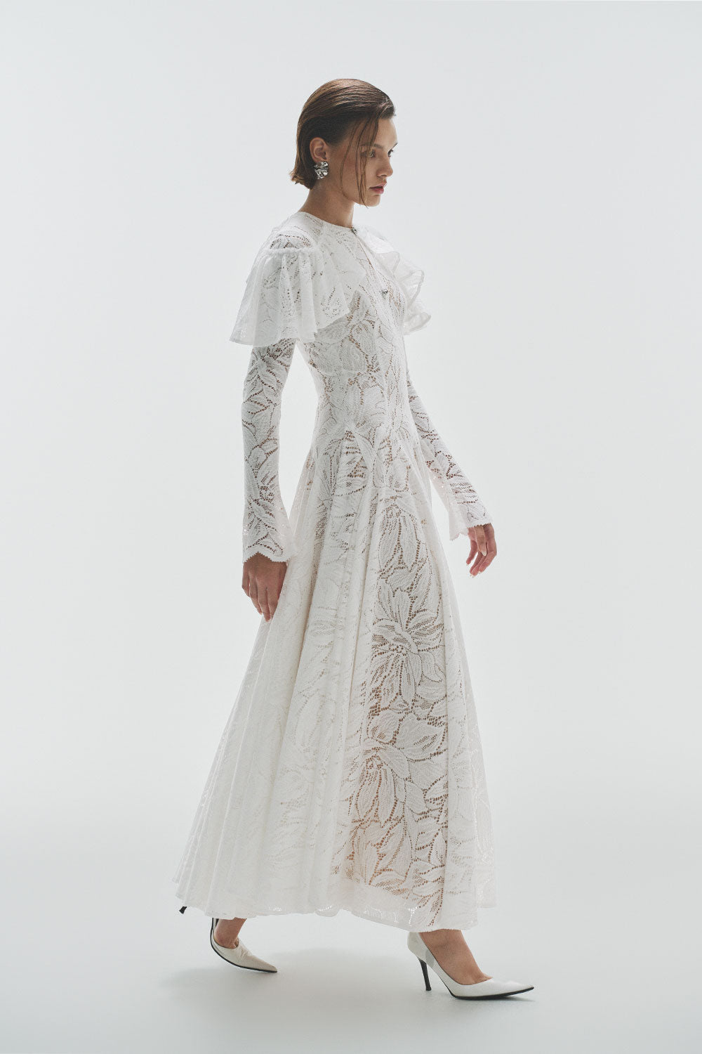 Lavina A-line Ruffle Sleeved Lace Ankle Length Dress