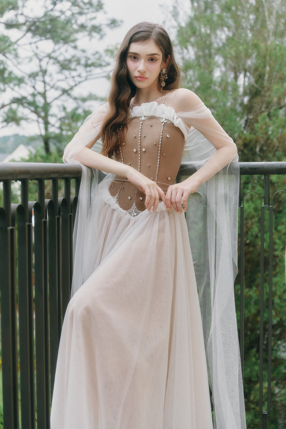 Luminous A-line Cape Sleeved Tulle Ankle Length Dress