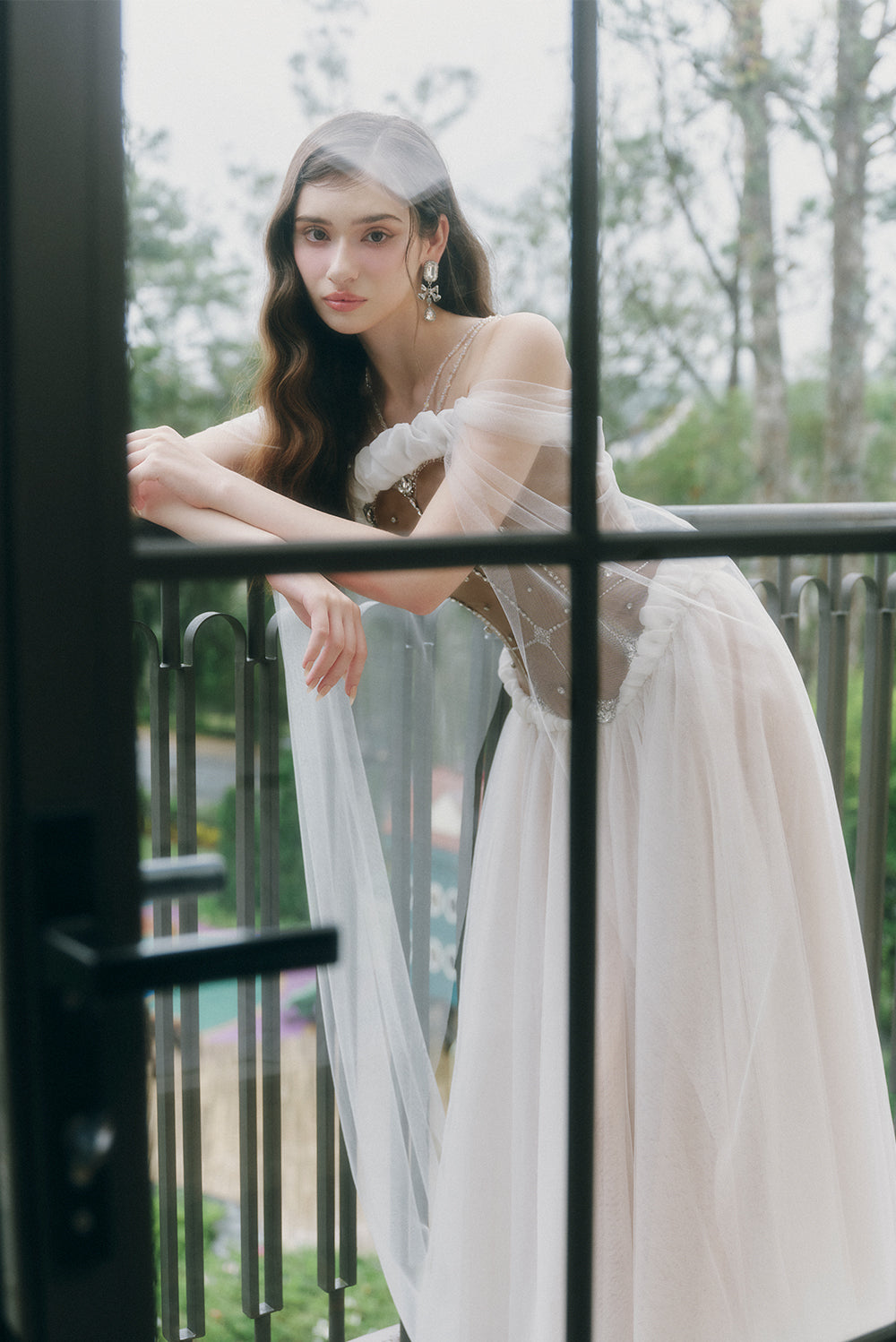 Luminous A-line Cape Sleeved Tulle Ankle Length Dress