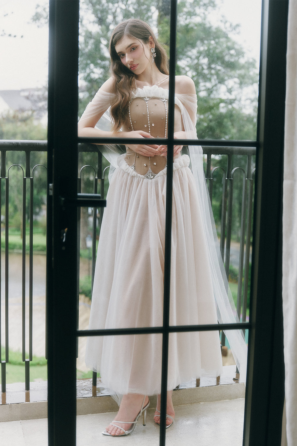 Luminous A-line Cape Sleeved Tulle Ankle Length Dress