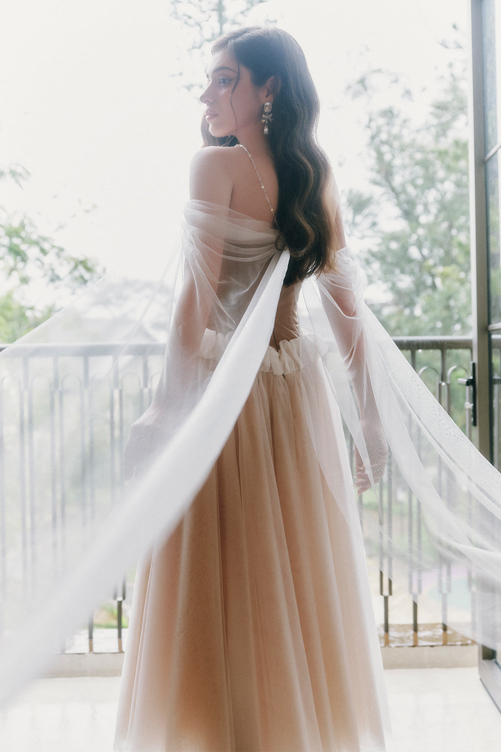 Luminous A-line Cape Sleeved Tulle Ankle Length Dress