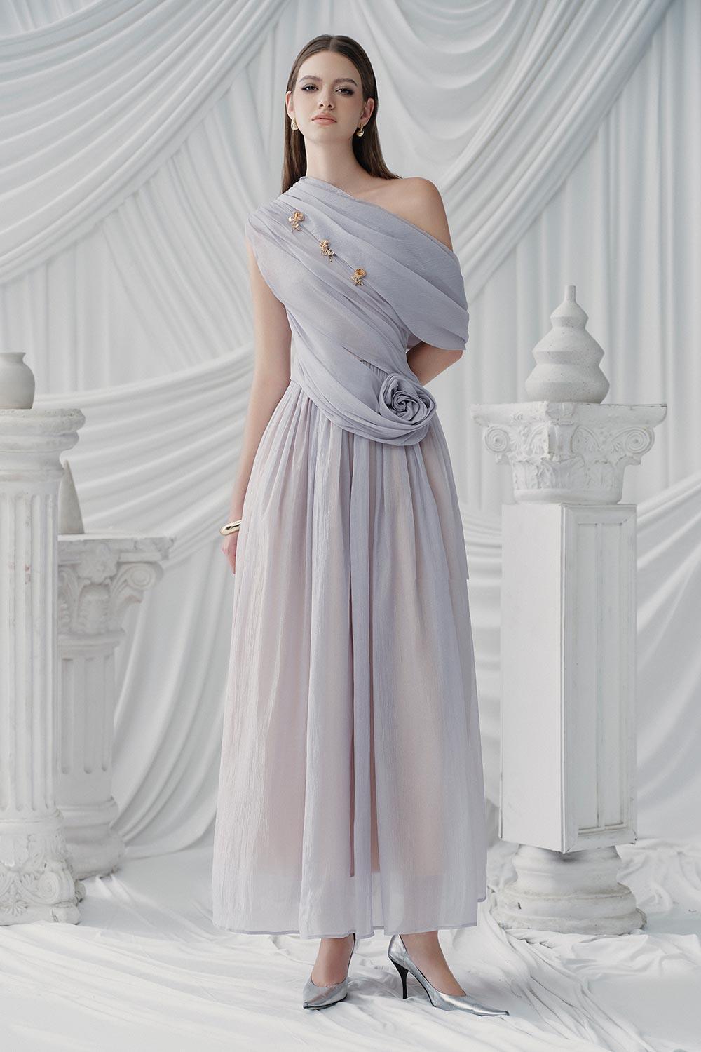 silver organza dress Organza Sleeve Detailed Double-Side Taffeta Long Dress