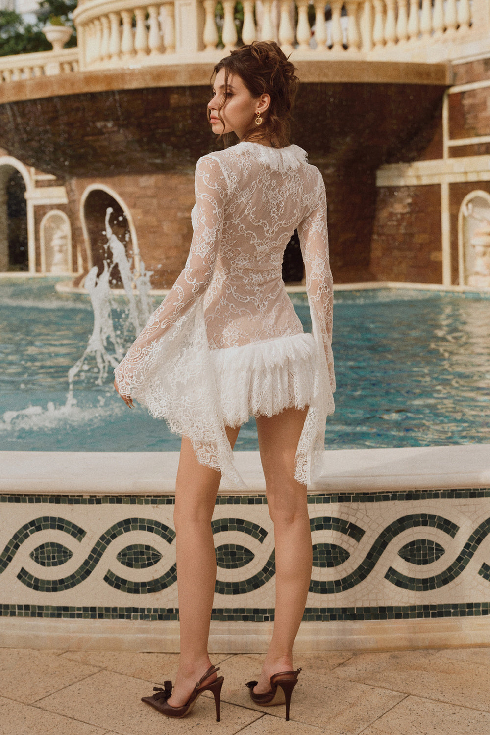 Lucia Drop Waist Ruffle Trim Lace Mini Dress