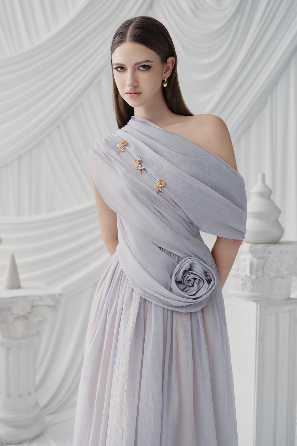 Women's Viella Gathered Draped Organza Ankle Length Dress S/M/L/XL/Customize Light Grey MEAN BLVD Light Grey / XL