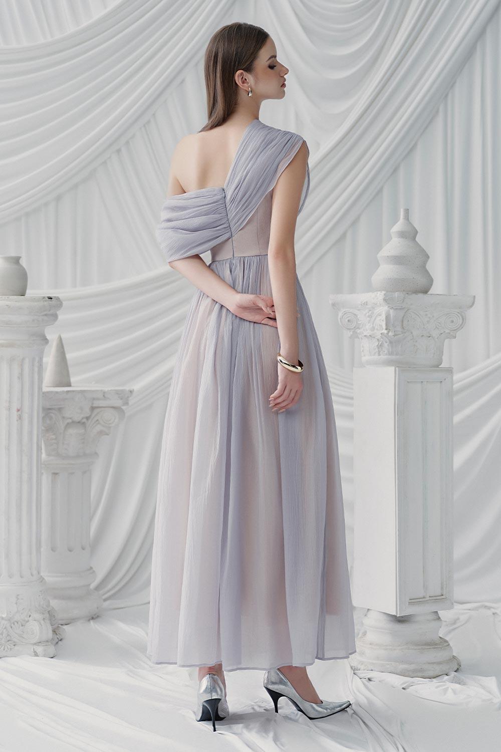 Viella Gathered Draped Organza Ankle Length Dress