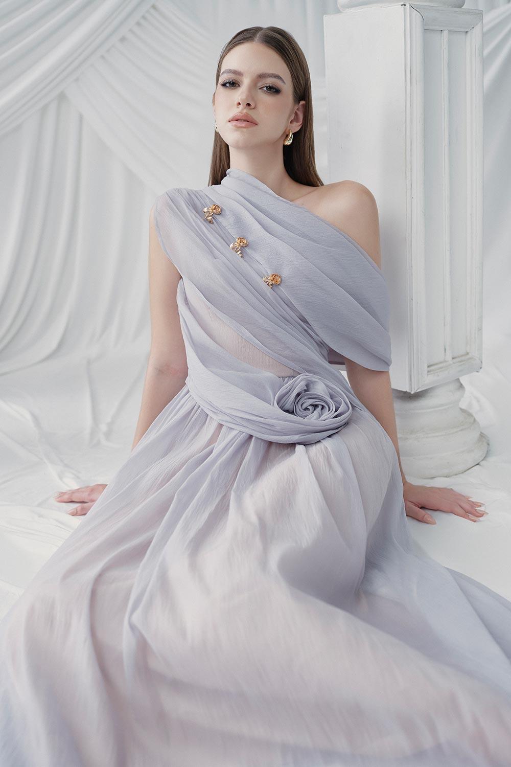 Viella Gathered Draped Organza Ankle Length Dress