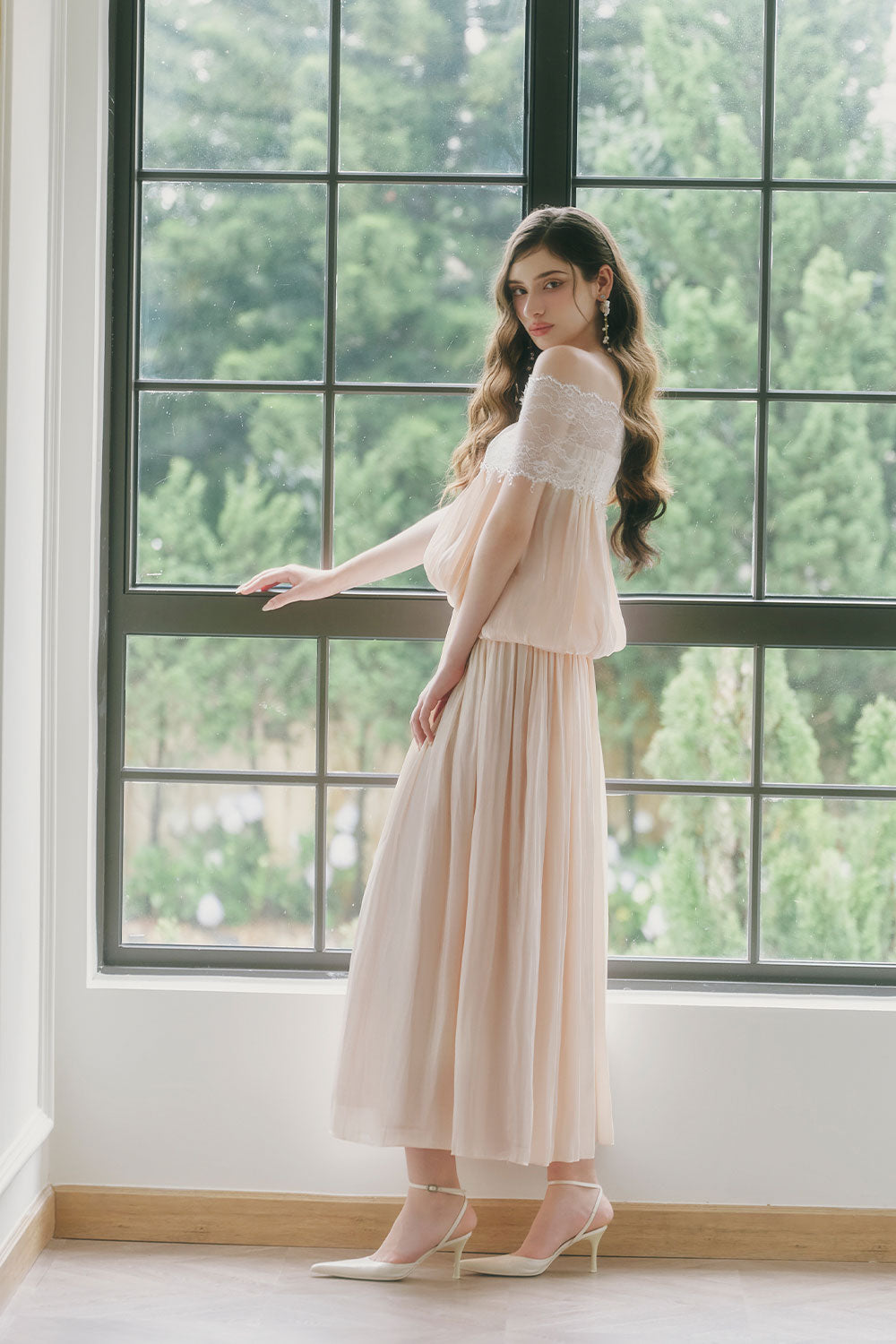 Women's Wynkie Blouson Off-Shoulder Chiffon Midi Dress XS/S/M/L/XL/Customize Vanilla Mean Blvd Vanilla / Customize Women's Wynkie Blouson Off-Shoulder Chiffon Midi Dress XS/S/M/L/XL/Customize Vanilla Mean Blvd Vanilla / Customize