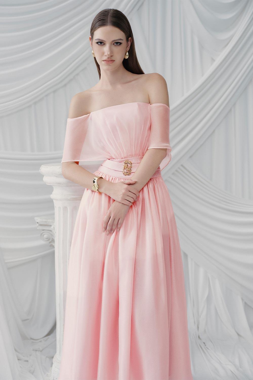 Women's Rosine Gathered Off-Shoulder Silk Organza Midi Dress S/M/L/XL/Customize Pastel Pink Mean Blvd, Pastel Pink / S