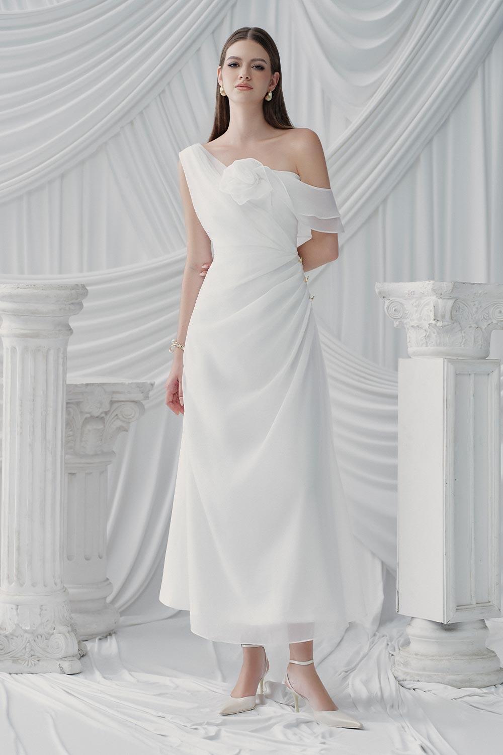 Adora A-line Asymmetric Neck Silk Organza Ankle Length Dress