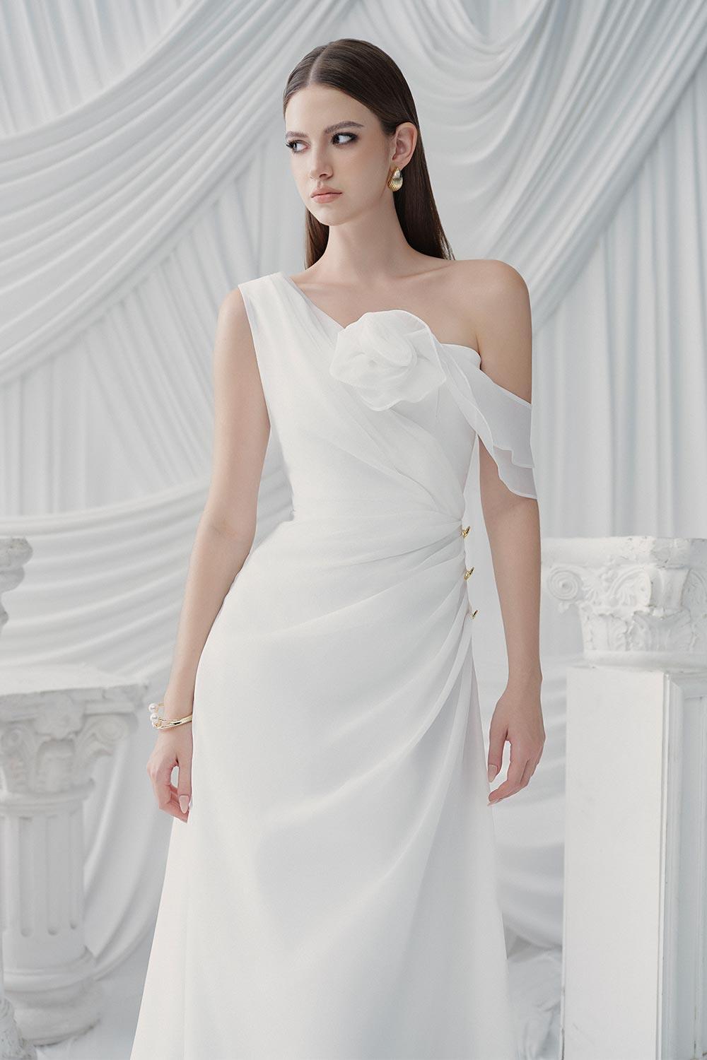asymmetric a line dress Women's Adora A-line Asymmetric Neck Silk Organza Ankle Length Dress S/M/L/XL/Customize White MEAN BLVD White / XL