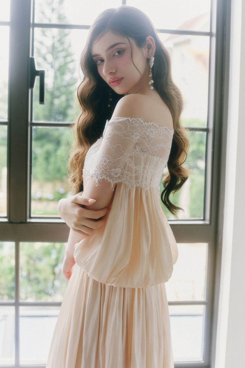 Wynkie Blouson Off-Shoulder Chiffon Midi Dress