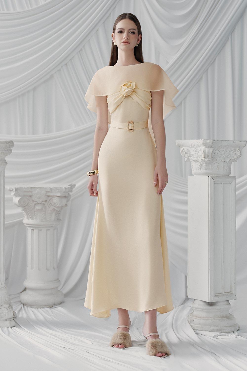 Pearly A-line Boat Neck Silk Ankle Length Dress