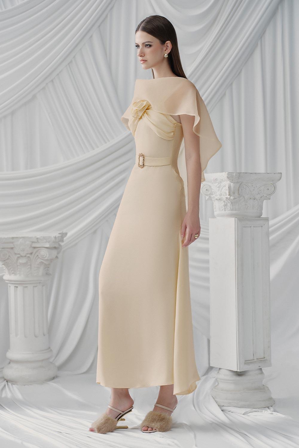 Pearly A-line Boat Neck Silk Ankle Length Dress