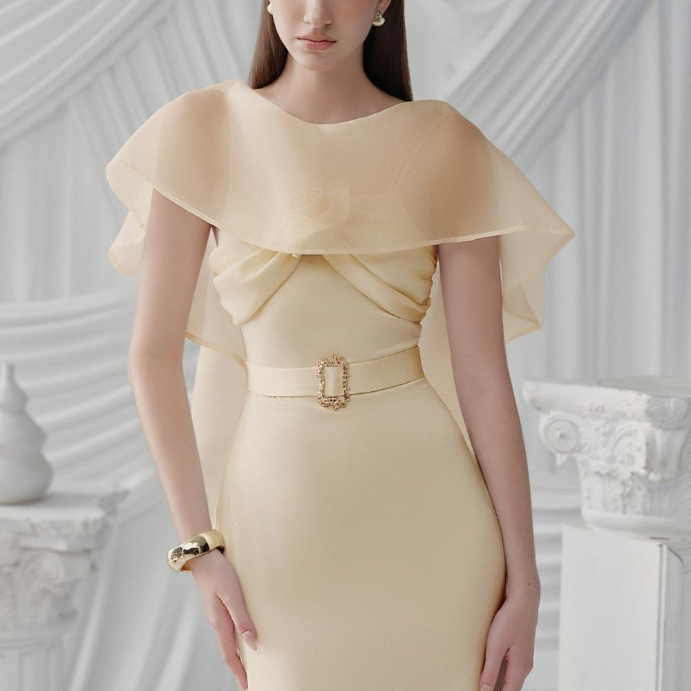 Pearly A-line Boat Neck Silk Ankle Length Dress