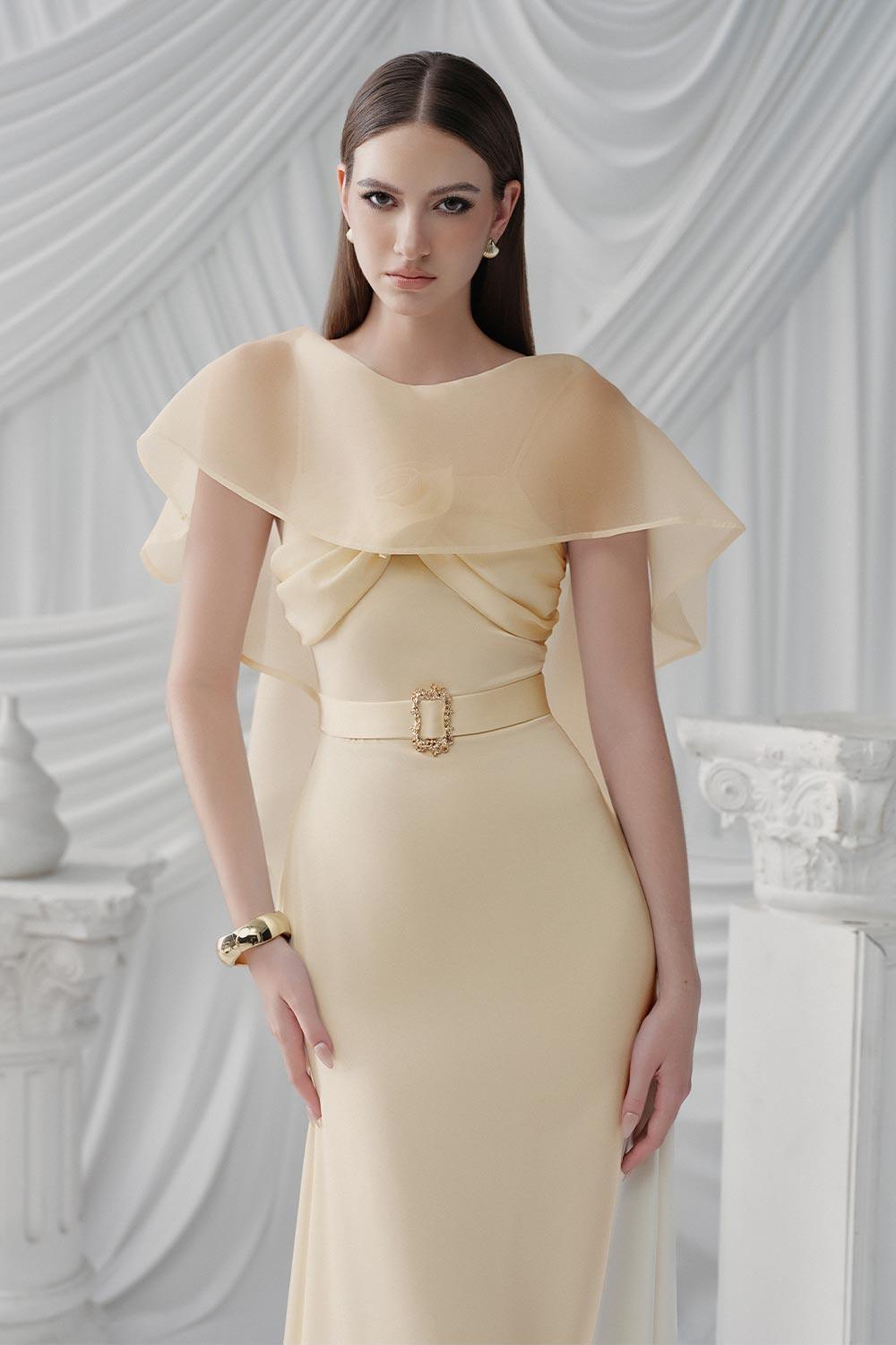 Pearly A-line Boat Neck Silk Ankle Length Dress