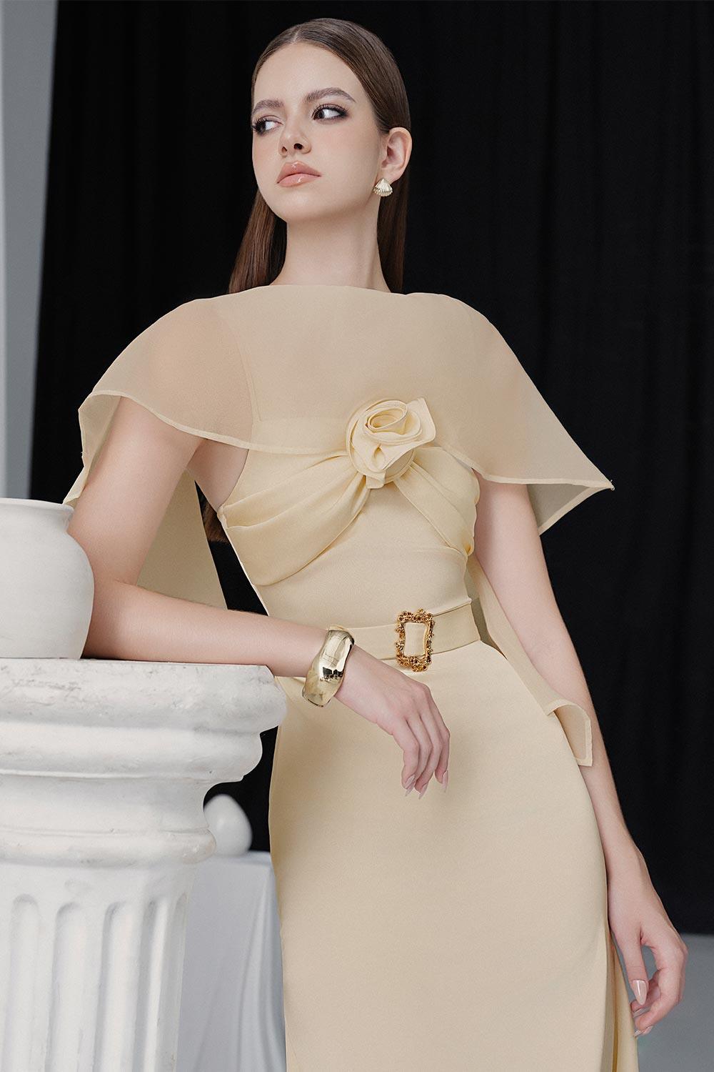 Pearly A-line Boat Neck Silk Ankle Length Dress