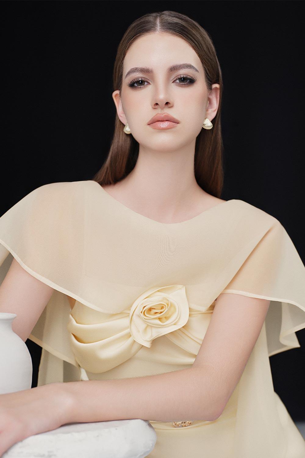 Pearly A-line Boat Neck Silk Ankle Length Dress