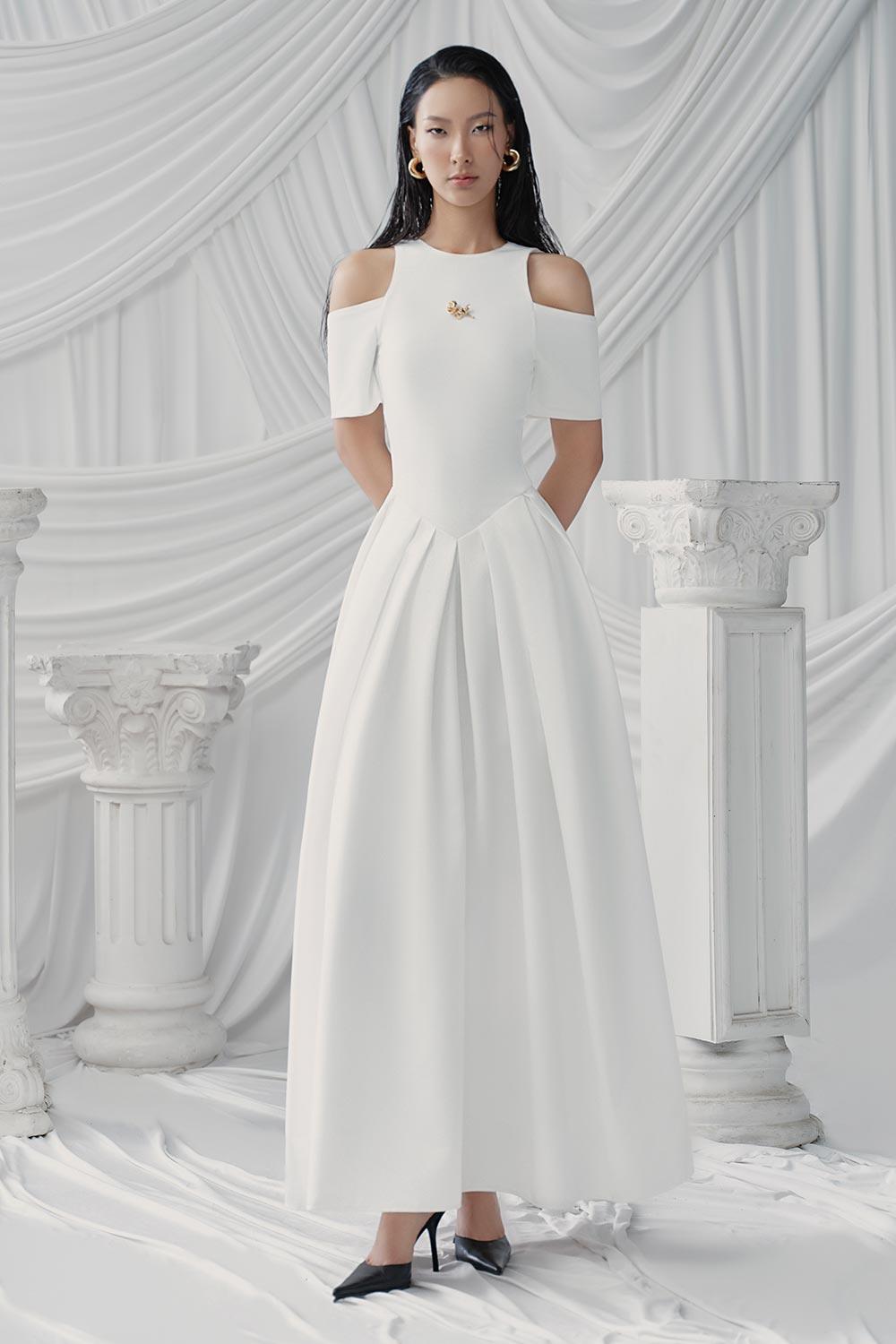 Trixie A-line Cold Shoulder Sleeved Cotton Jersey Ankle Length Dress