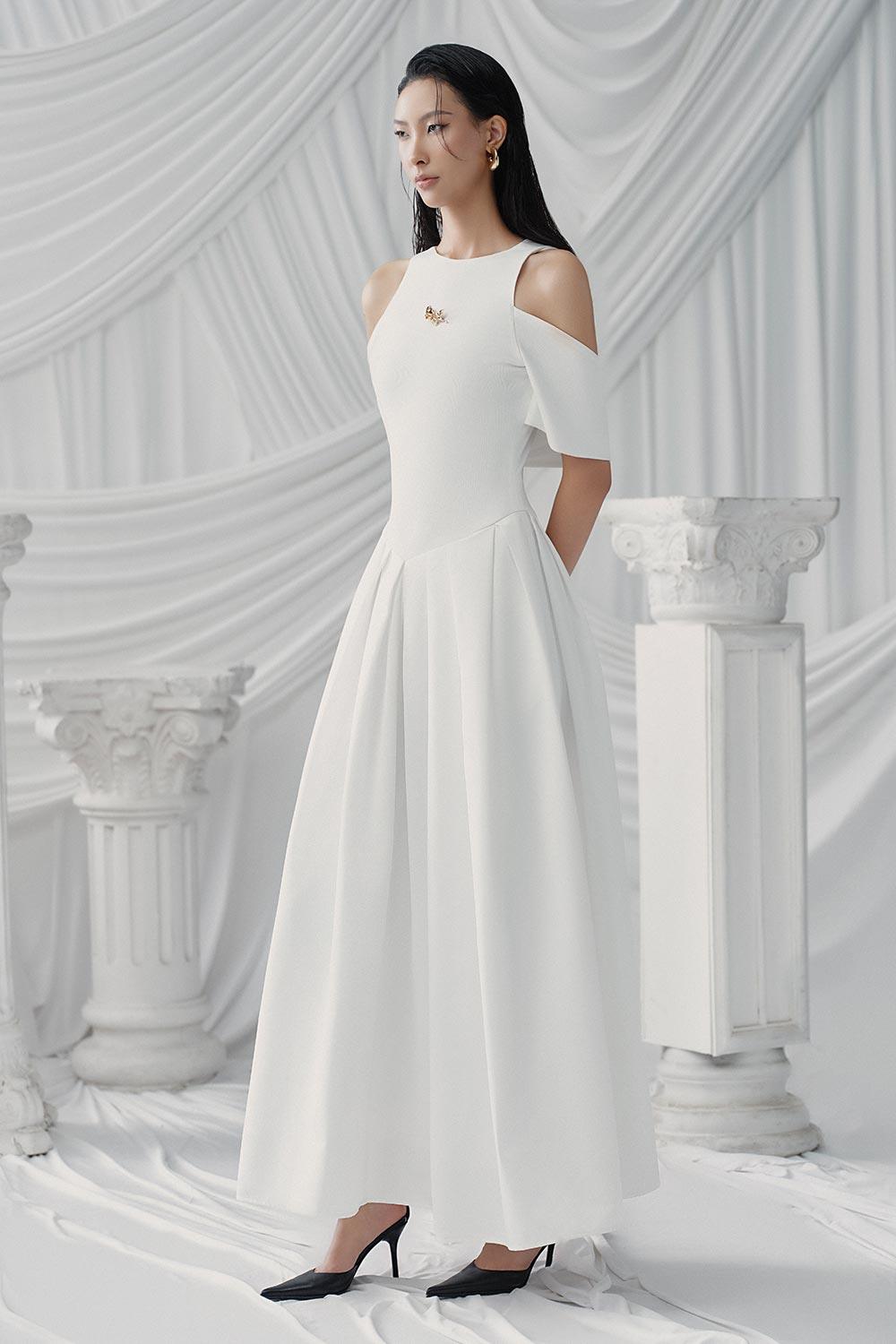 Trixie A-line Cold Shoulder Sleeved Cotton Jersey Ankle Length Dress